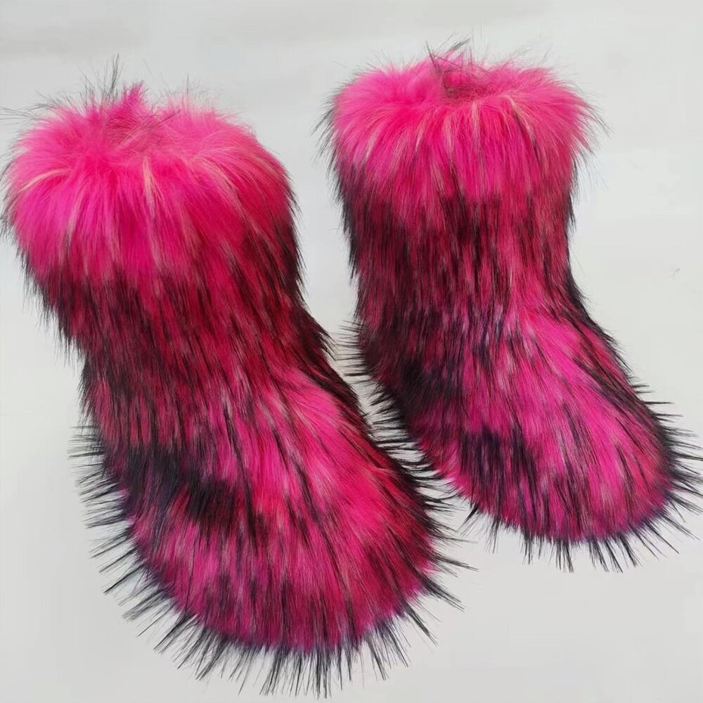 ⚡Women's Pink Faux Fur Warm Boot Furry Short Snow Boot Mid Calf Boots - Picture 3 of 7